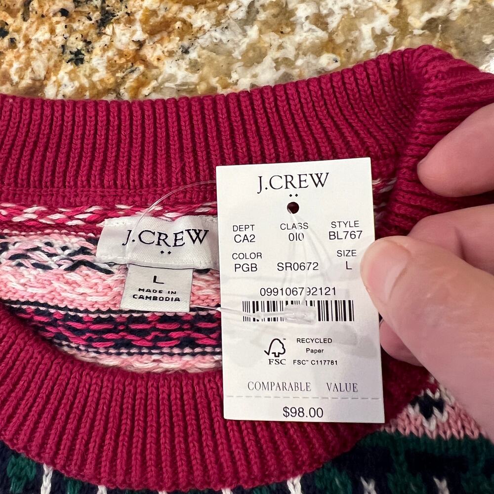 NWT J. Crew Pink, Green & Blue Fair Isle Cotton Sweater - Picture 6 of 10